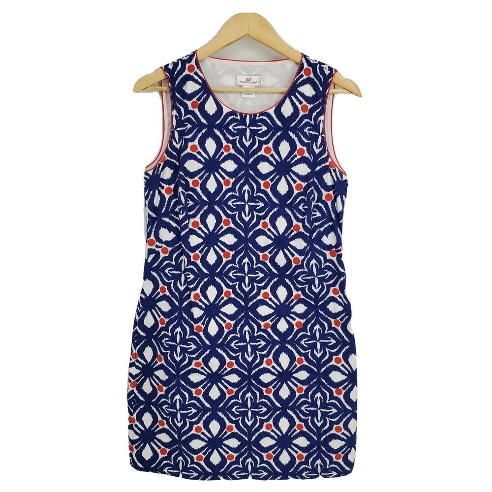 Vineyard Vines Womens Whale Tail Tile Embroidered Dress Red White Blue Size 8